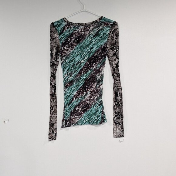 BCBG Max Azria Snakeskin Tie Dye V-Neck Long Sleeve Top Brown Teal Size Small - Picture 2 of 3
